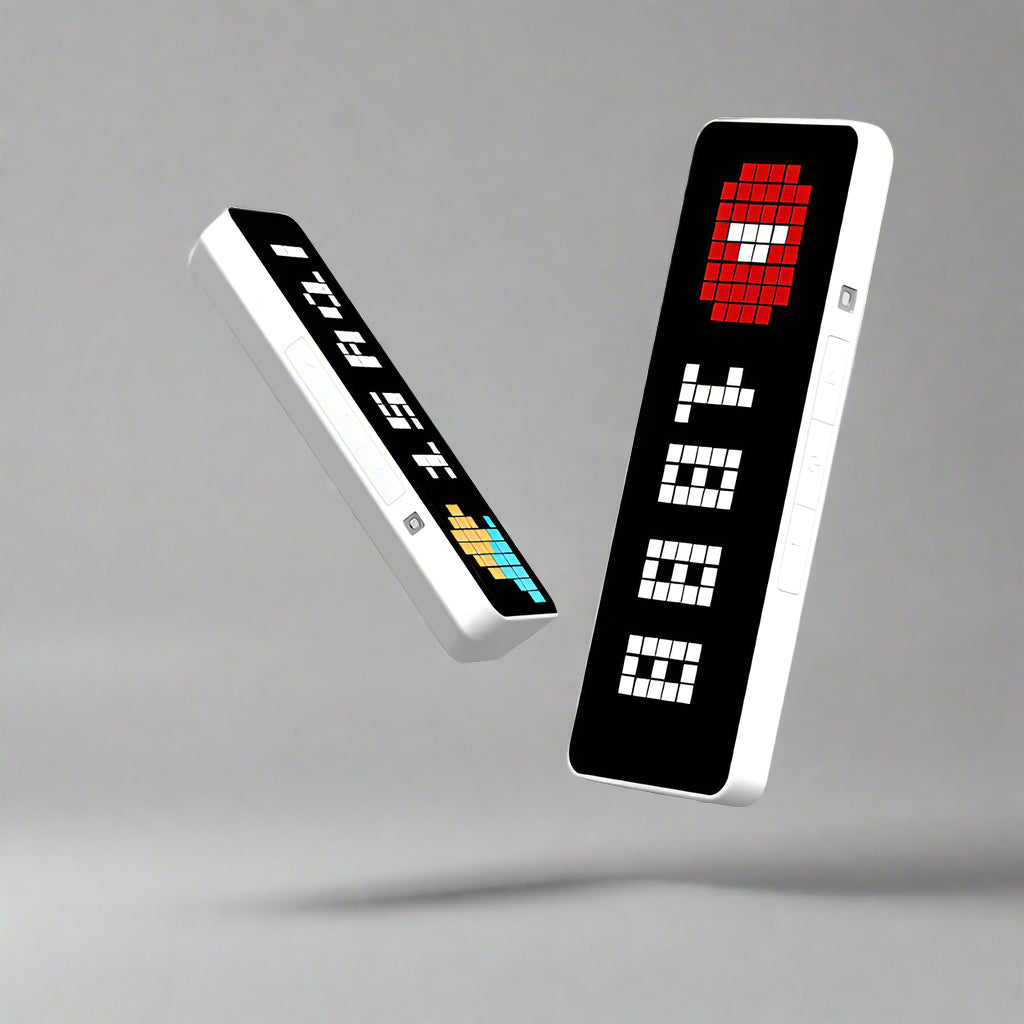 Smart pixel clock followers counter display with LED screen showing social media data, weather, and time