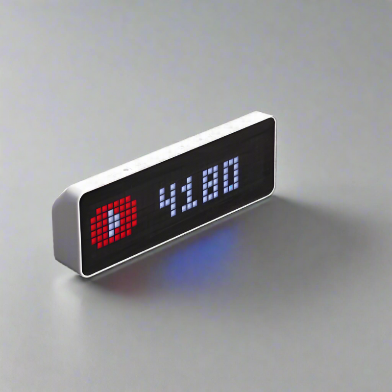 Smart pixel clock followers counter display with LED screen showing social media data, weather, and time