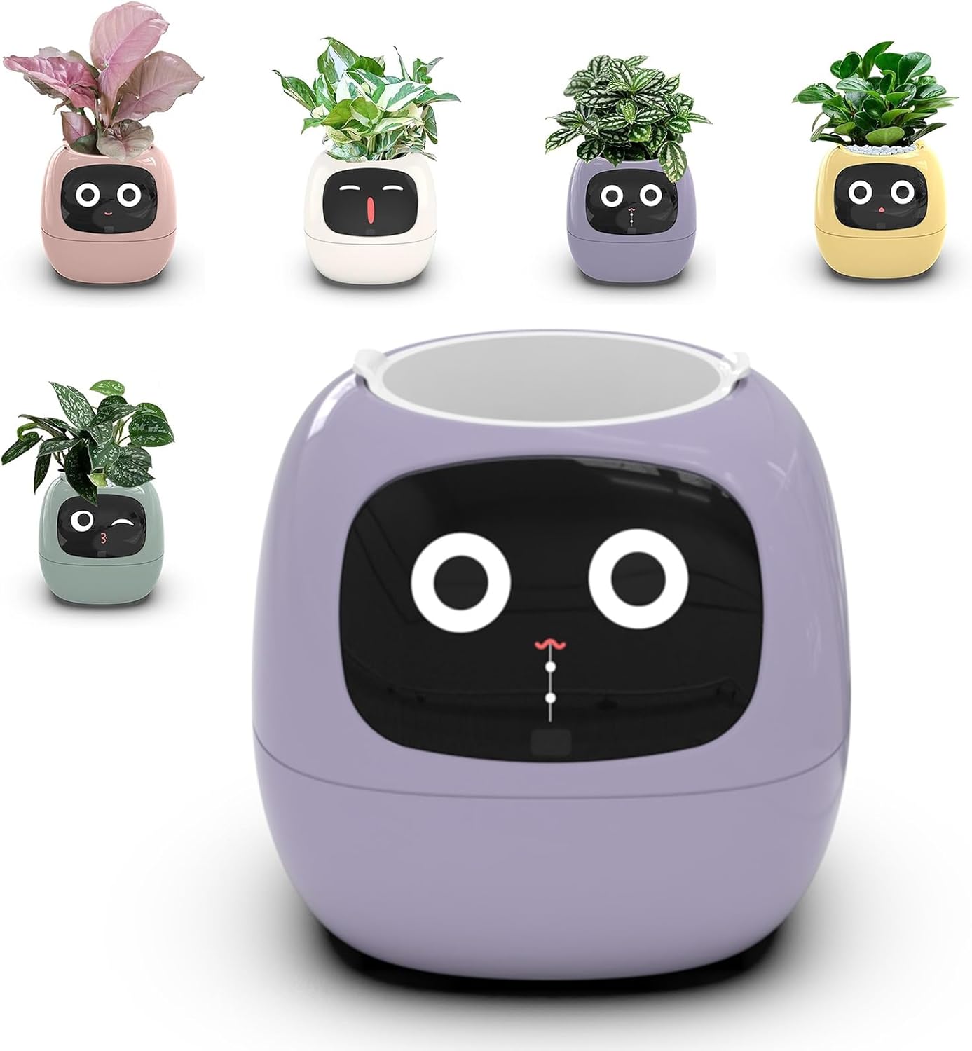Purple robot-shaped planter with face design, surrounded by smaller plant pots with face designs on a white background.