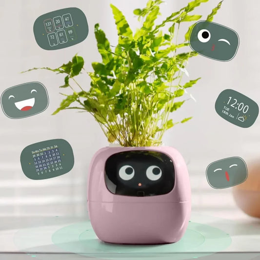 Smart plant pot with digital display and plant on a white surface
