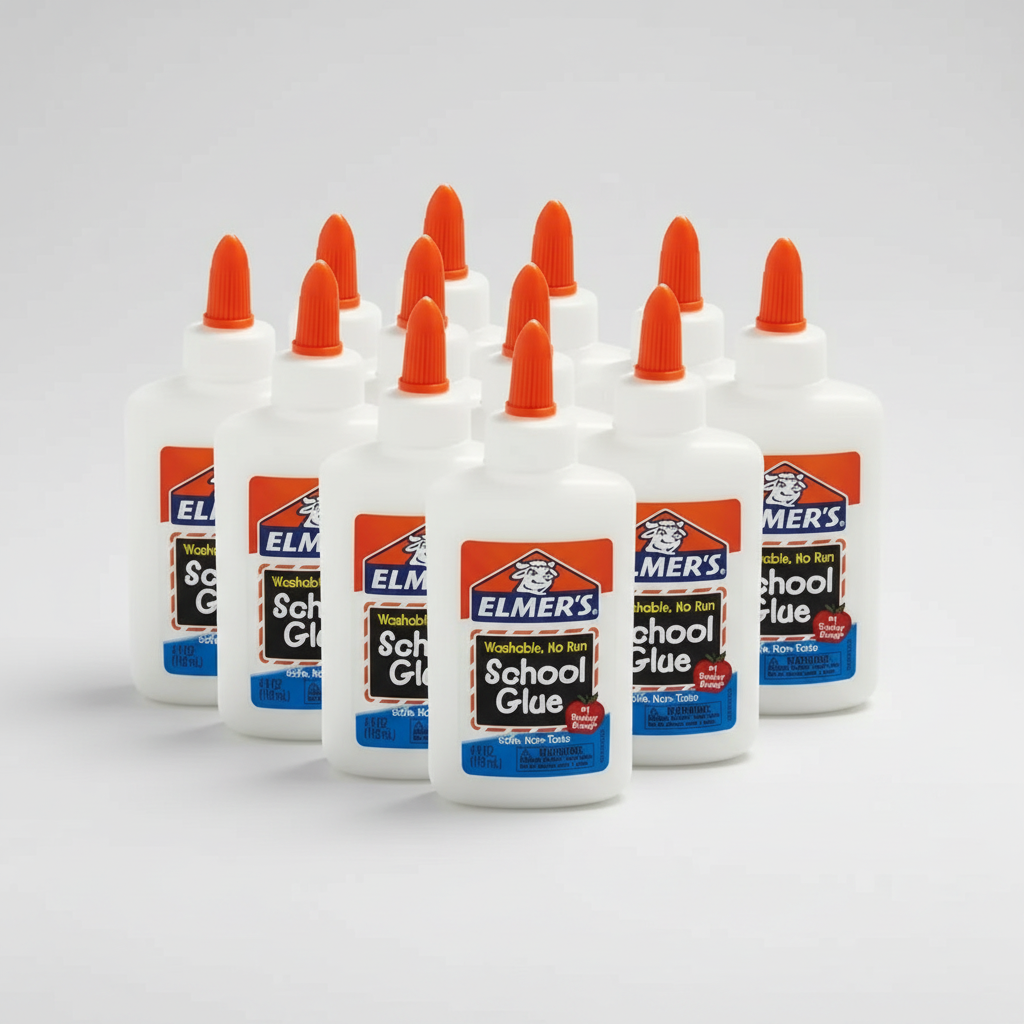Multiple bottles of Elmer's School Glue with orange nozzles on a white background ELMERS-1 ELMERS-2 ELMERS-3 ELMERS-4