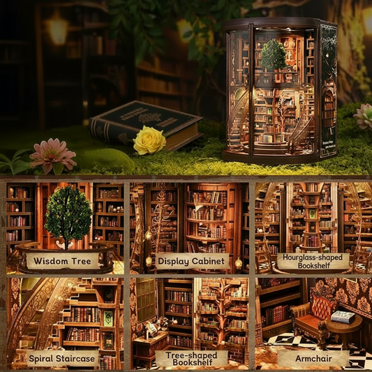 wisdom rings book nook kit interior features wisdom tree spiral staircase bookshelves