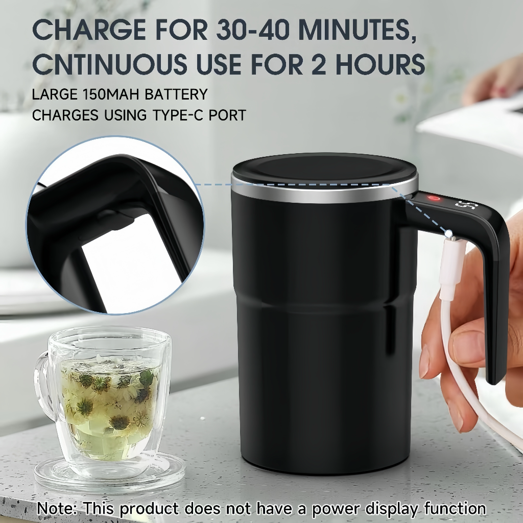 Black electric kettle with charging cable and text about charging time and battery capacity.