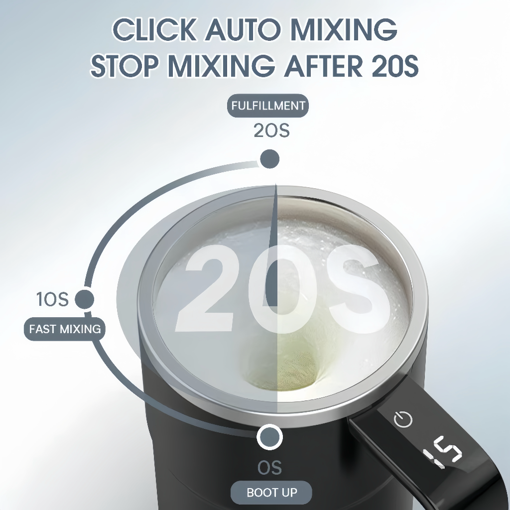 Milk frother with auto mixing feature and timer display on a light gray background