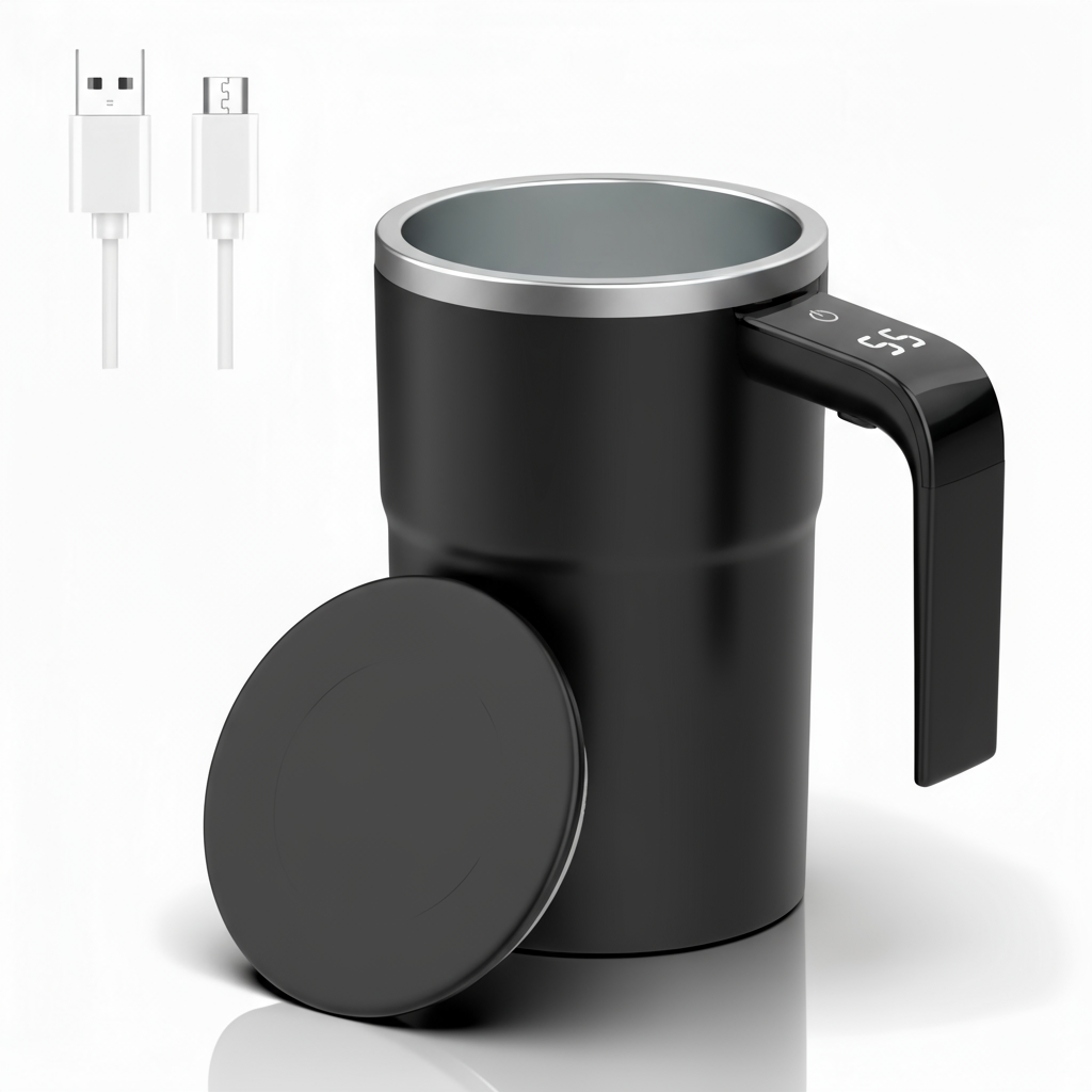 Black Electric self-stirring coffee mug with automatic magnetic mixing and LCD temperature display