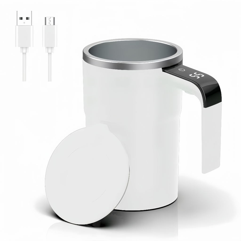 White Electric self-stirring coffee mug with automatic magnetic mixing and LCD temperature display
