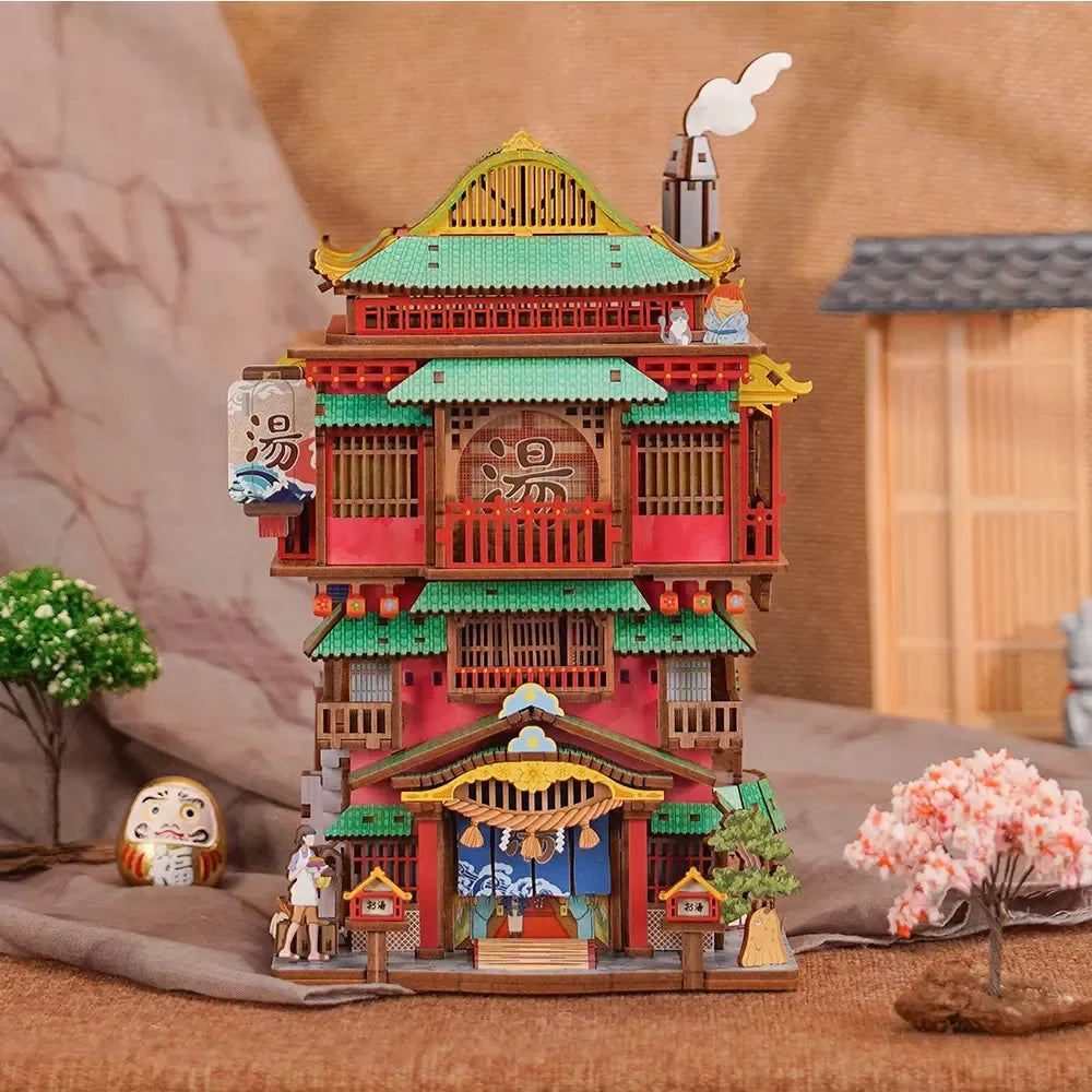 Onsen Saga 3D wooden puzzle finished Japanese hot spring bathhouse inn model on a desk