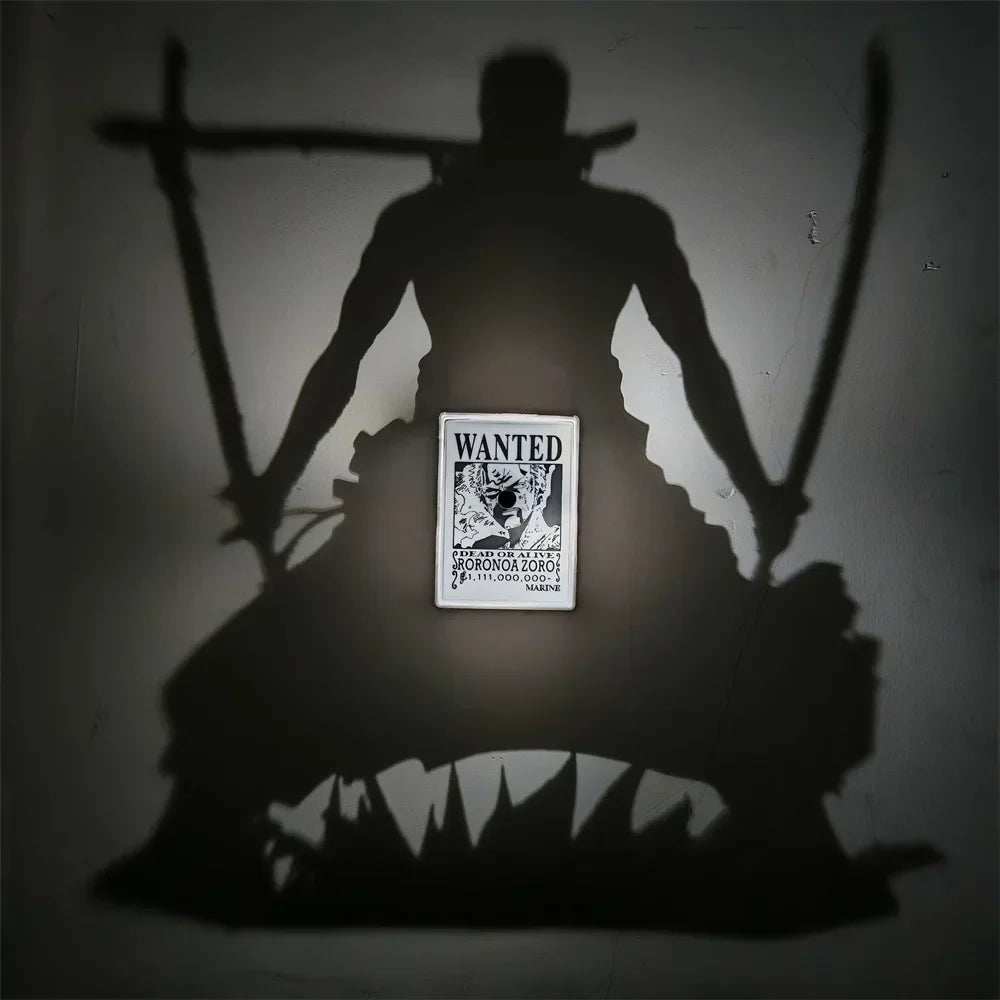 Anime shadow lamp casting a life-size Roronoa Zoro three-sword silhouette across a bedroom wall