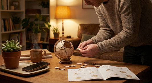 Person building a puzzloria 3D wooden globe puzzle with phone set aside on table