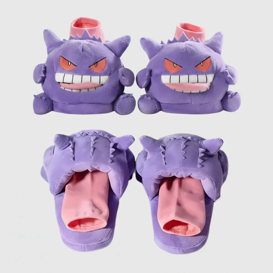 Gengar slippers with tongue-out footbed, purple plush ghost type Pokemon house shoes for Halloween and cozy season