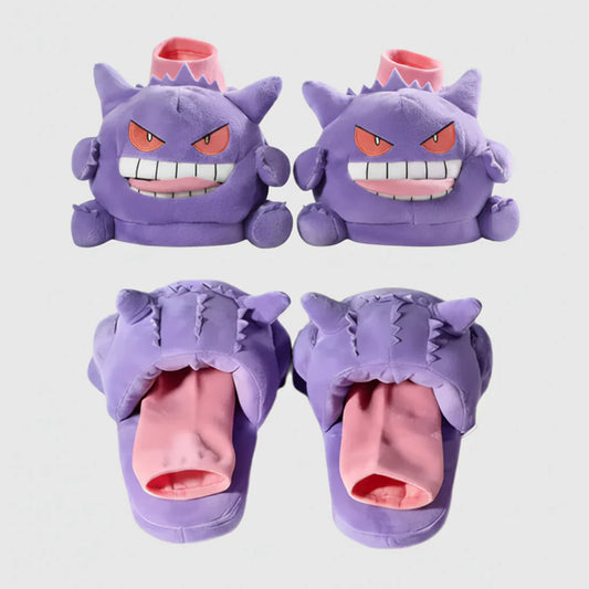 Gengar plush slippers with tongue-out footbed and grinning purple Pokémon face, cozy anime ghost house shoes from Puzzloria