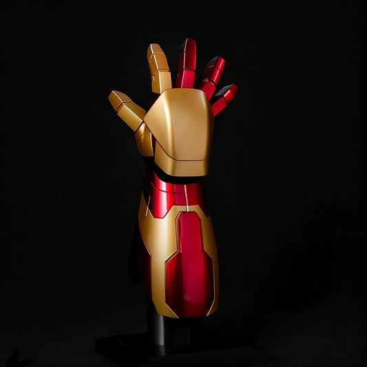 Iron Man Mark 42 wearable gauntlet and arm with LED palm repulsor on a display stand, premium Marvel cosplay replica for adults