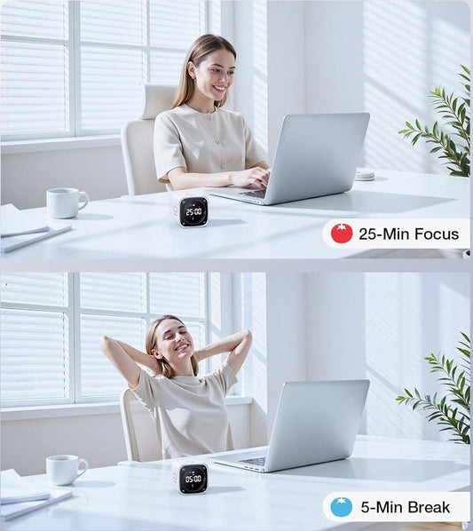 TK3 Pomodoro Timer Cube with LED display showing 25-minute countdown on a clean desk