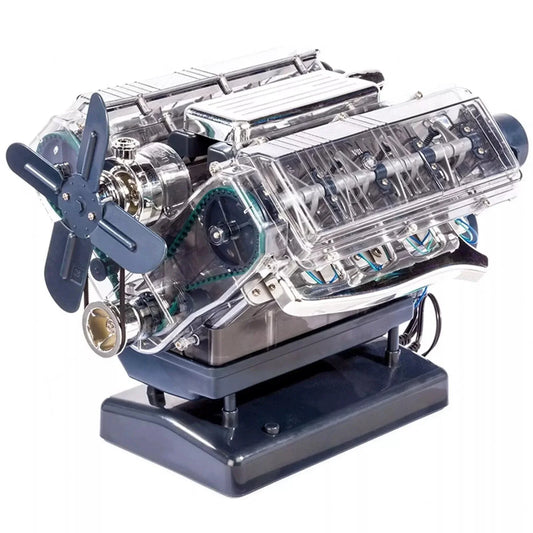 DIY Mini V8 Engine Model Kit with working miniature motor - assembled V8 showing metal cylinder configuration