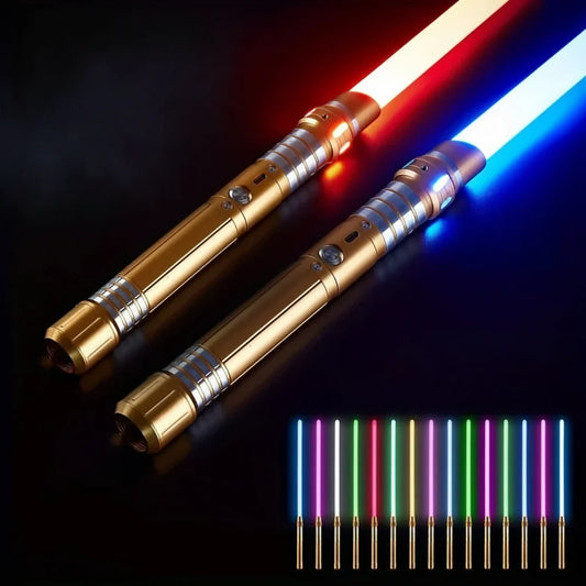 rgb lightsaber with cnc machined aluminum metal hilt and 78cm polycarbonate dueling blade for cosplay and display, Gold, Black