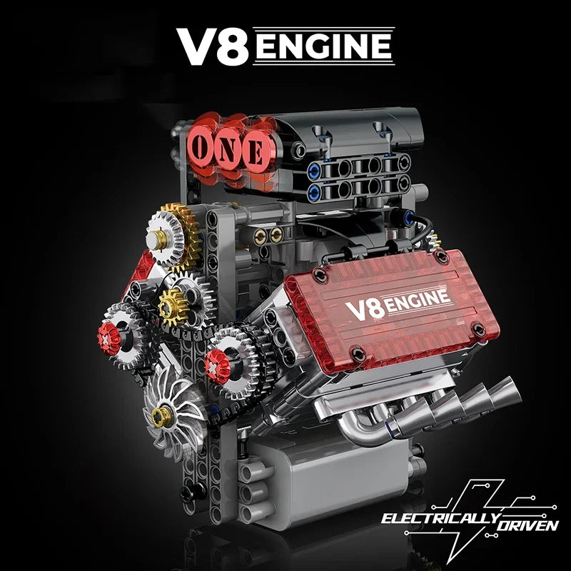 new motorized v8 engine model kit with its retail box and 478 building block parts, a father's day gift for car lovers and gearhead dads