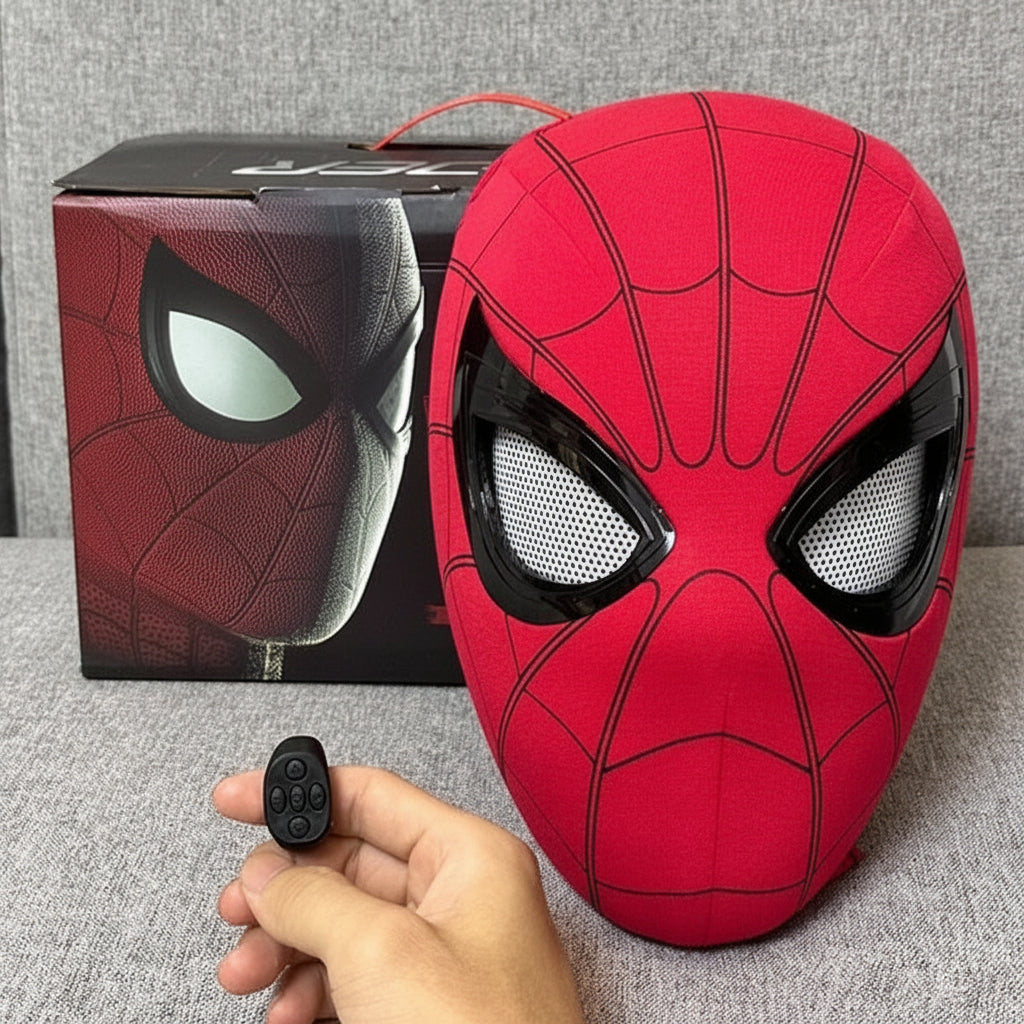 Spider-Man Halloween costume mask with moving eyes in Classic Red, shown with its gift box and the wireless ring remote