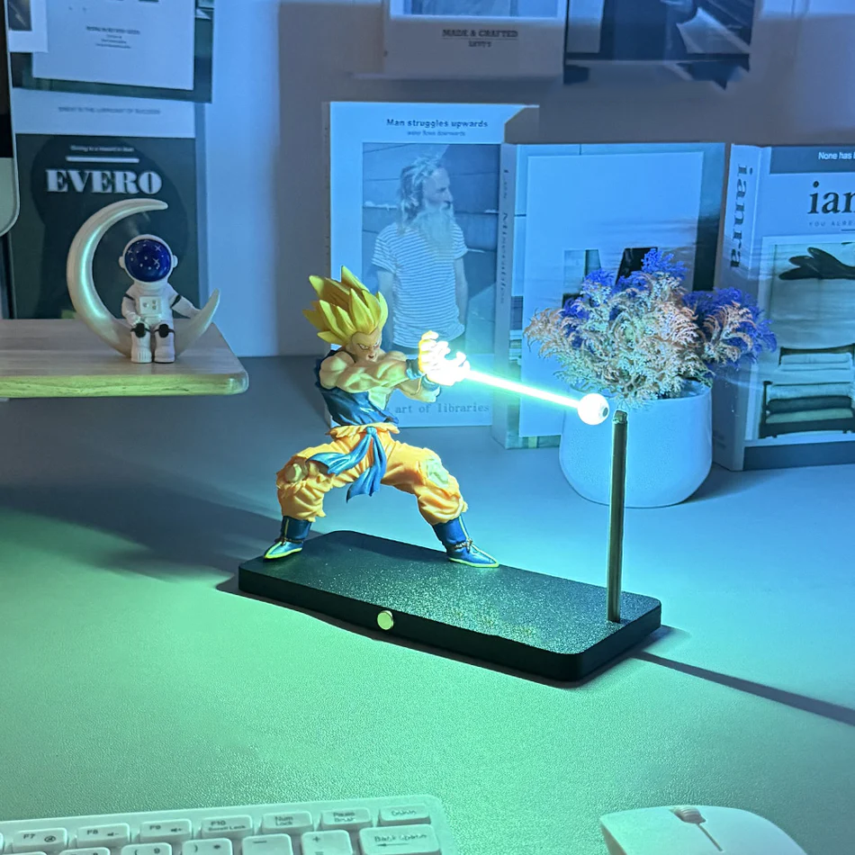 Goku lamp with a magnetic light beam figurine, Super Saiyan Goku firing a glowing blue Kamehameha that floats between his palms and the stand