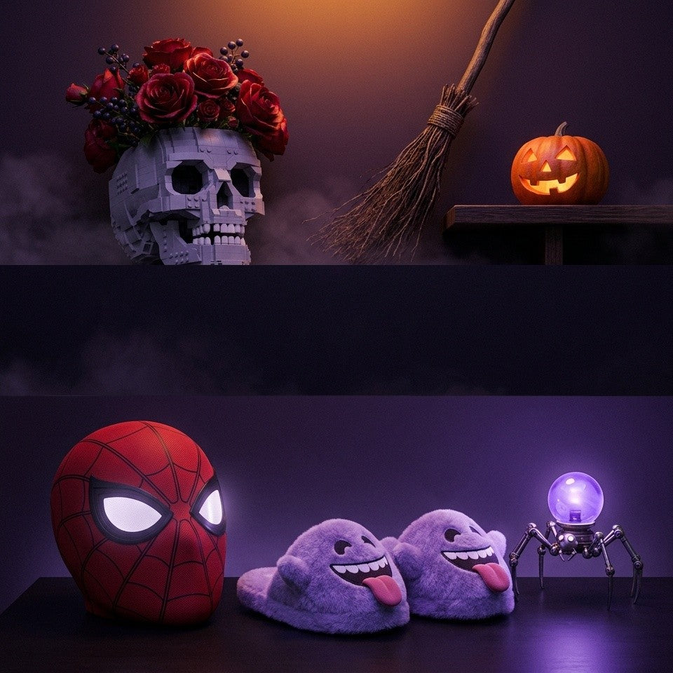 Halloween decorations and costumes: skull rose bouquet, witch broom, jack-o-lantern, light-up mask, ghost slippers and spider lamp