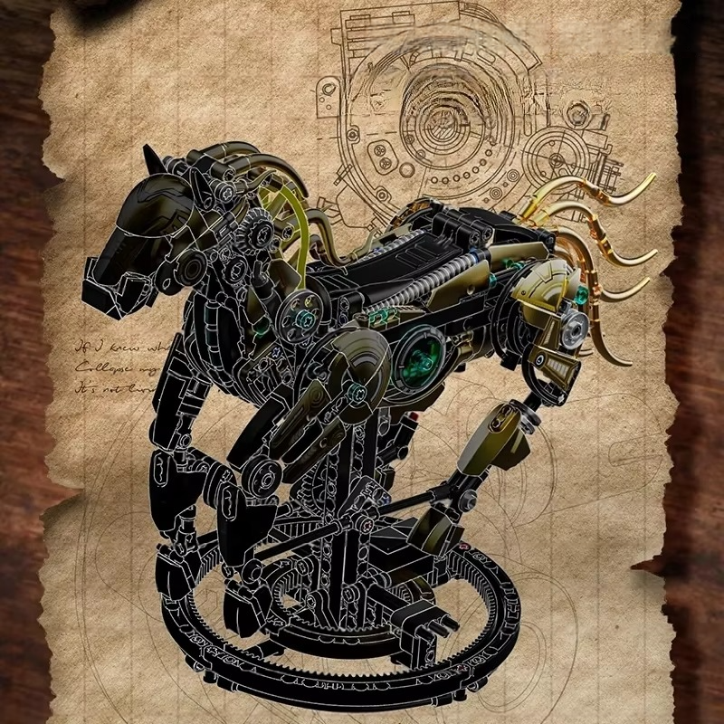Puzzloria mechanical horse building kit 1055 pieces golden armor poseable limbs DIY STEM toy