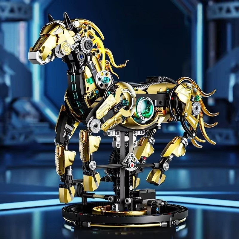 Puzzloria mechanical horse building kit 1055 pieces golden armor poseable limbs DIY STEM toy