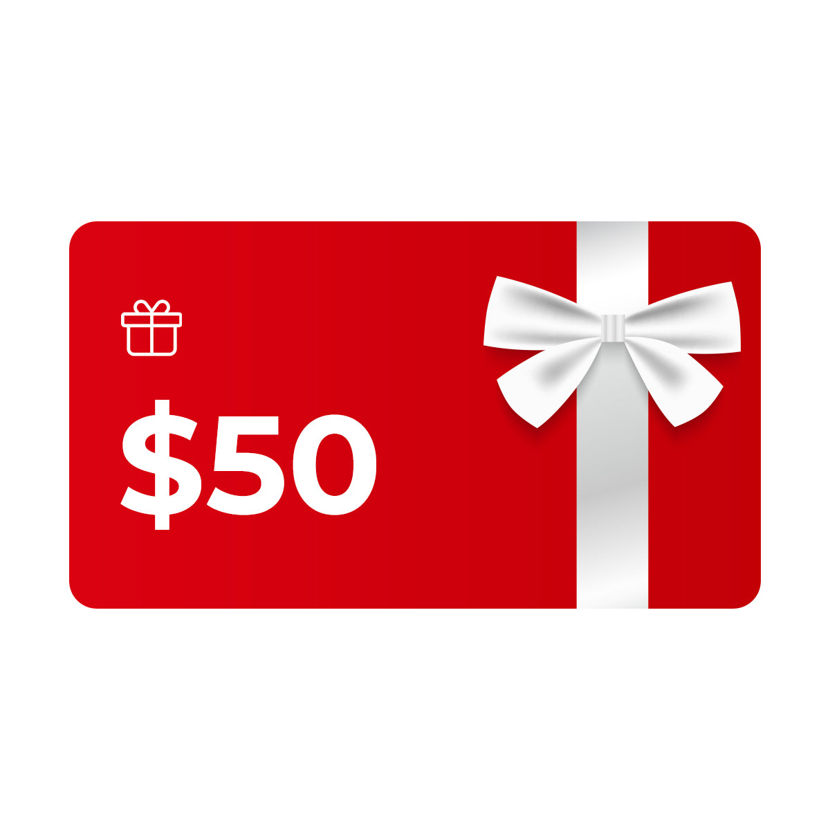 Puzzloria Gift Card with a white bow and '$50' text on a white background
