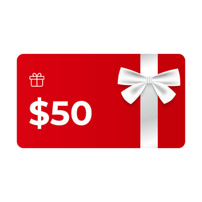 Puzzloria Gift Card with a white bow and '$50' text on a white background