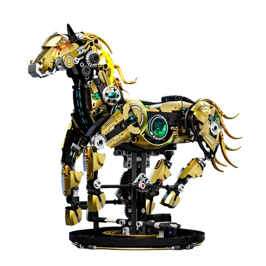 Puzzloria mechanical horse building kit 1055 pieces golden armor poseable limbs DIY STEM toy