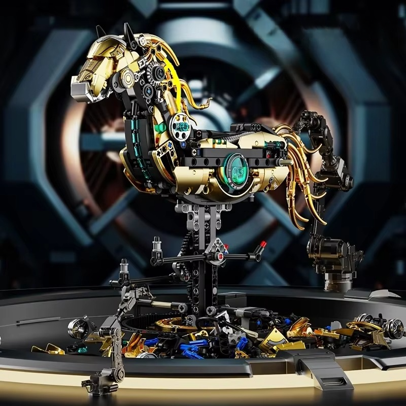 Puzzloria mechanical horse building kit 1055 pieces golden armor poseable limbs DIY STEM toy