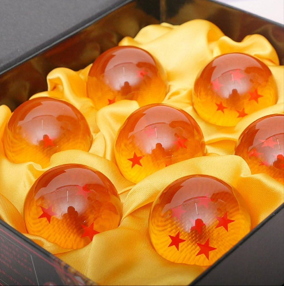 Dragon Ball Z crystal orbs collectible set with star patterns in orange red and blue colors