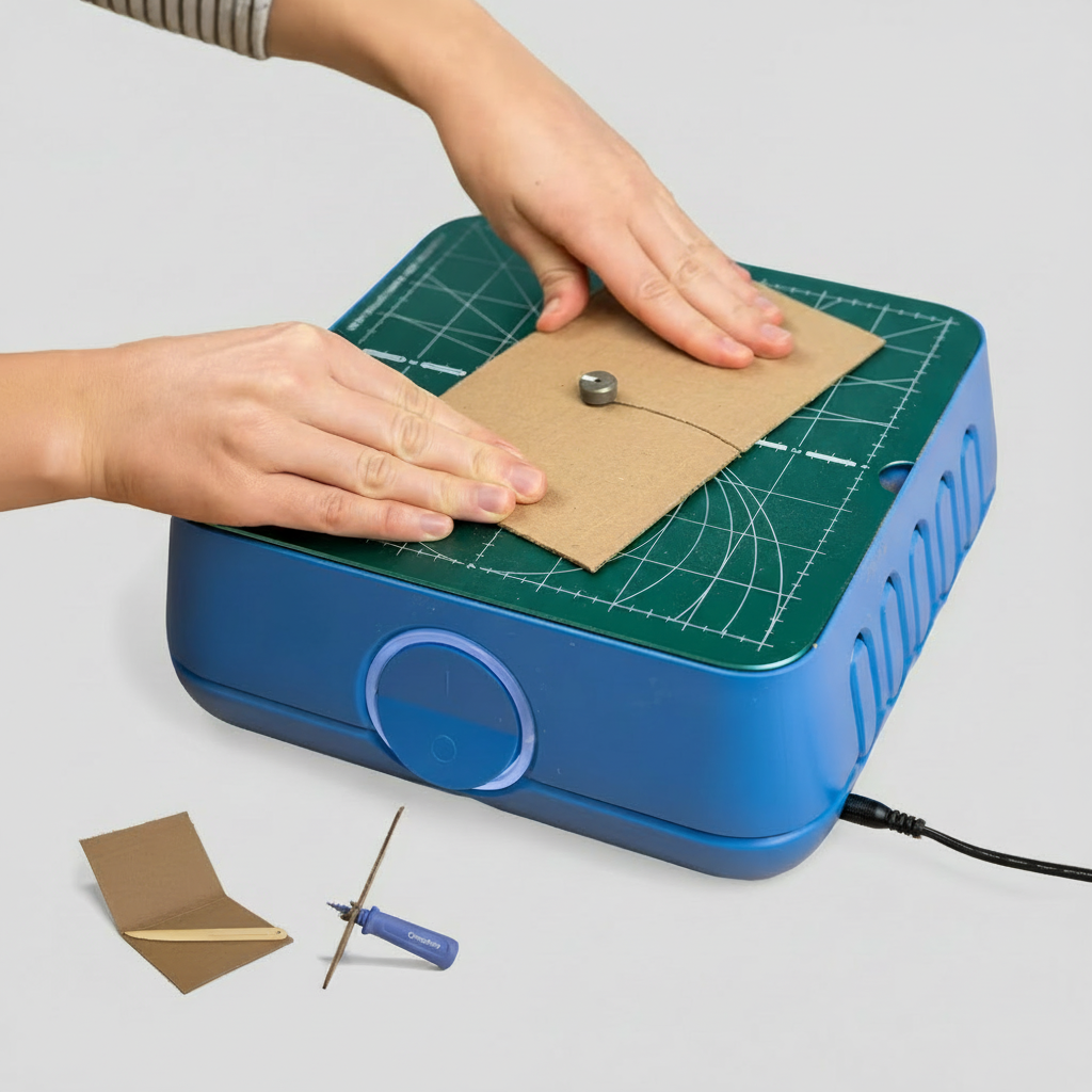 Blue and green cutting machine with cardboard and tools on a white background