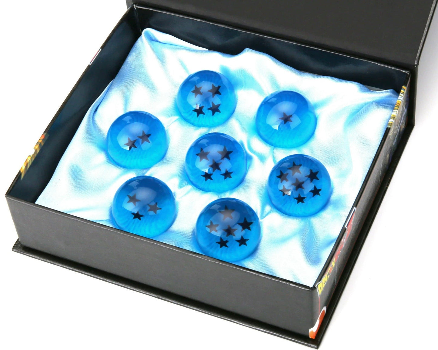 Dragon Ball Z crystal orbs collectible set with star patterns in orange red and blue colors