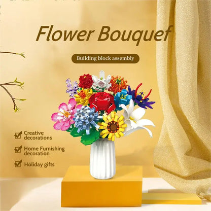 Puzzloria flower building blocks botanical bouquet set with colorful blooms and white vase