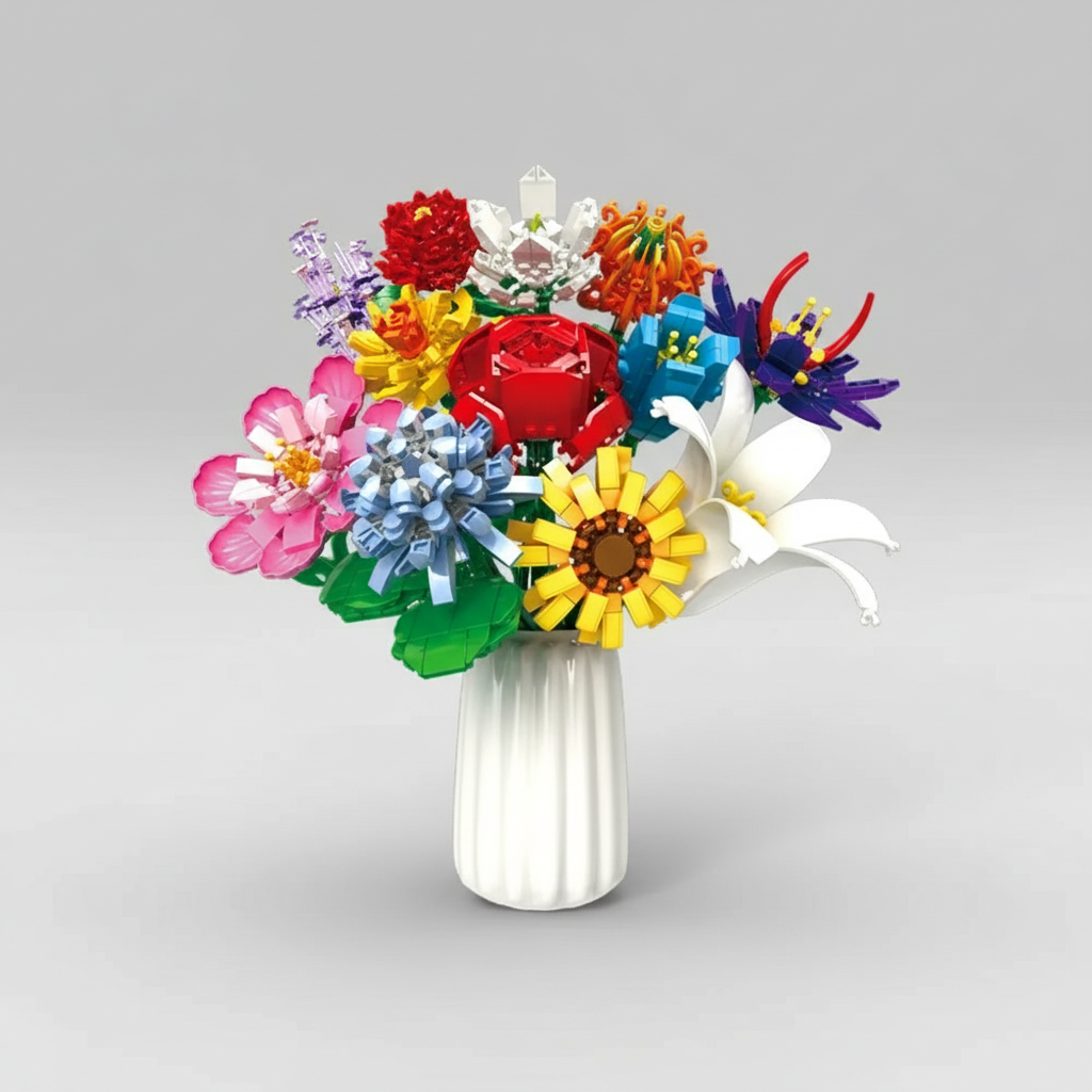 Puzzloria flower building blocks botanical bouquet set with colorful blooms and white vase