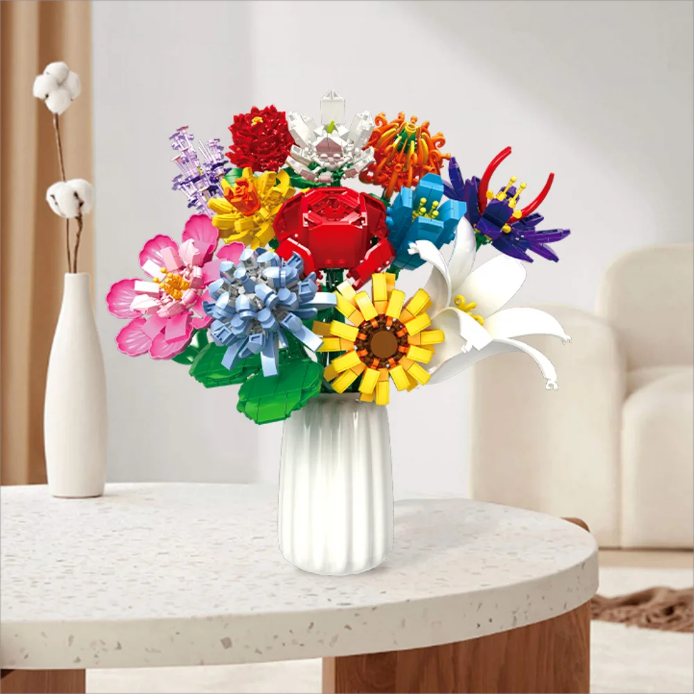 Puzzloria flower building blocks botanical bouquet set with colorful blooms and white vase
