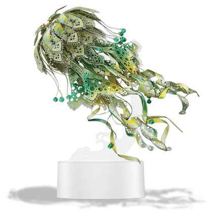 Decorative jellyfish sculpture with green and yellow patterns Puzzloria | 3D Metal Puzzle Jellyfish Kit - 61 Piece Stainless Steel DIY Assembly Model Building Set for Adults