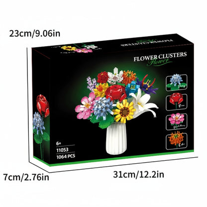 Puzzloria flower building blocks botanical bouquet set with colorful blooms and white vase