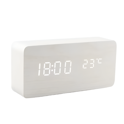 LED Digital Alarm Clock - Voice - Controlled Wooden Desktop Clock, USB/AAA Powered - Stylish Wood Watch Table Design