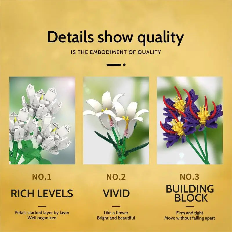 Three floral models labeled 'Rich Levels', 'Vivid', and 'Building Block' on a yellow background with text 'Details show quality'.