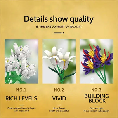 Three floral models labeled 'Rich Levels', 'Vivid', and 'Building Block' on a yellow background with text 'Details show quality'.