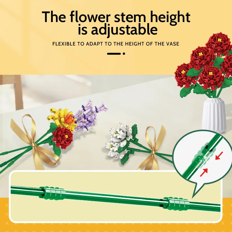 Puzzloria flower building blocks botanical bouquet set with colorful blooms and white vase