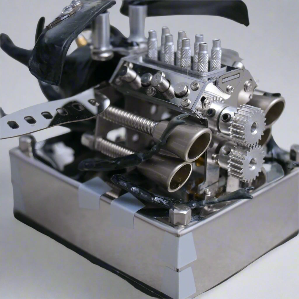 Close-up of a detailed Puzzloria mechanical model kit DIY assembly engineering educational toy
