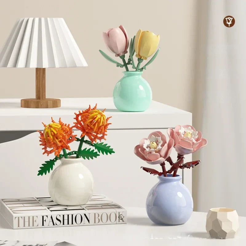 three building block flower vases trio shelf display brick bouquet pastel mini vases home decor – Tulip, Sunflower, Peony, Rose Flower, Hibiscus, Rose, Thorny Marigold, Lilies, Gardenia