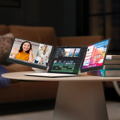 Portable dual laptop screen extender with 14-inch Full HD IPS displays for increased productivity and multi-screen workspac