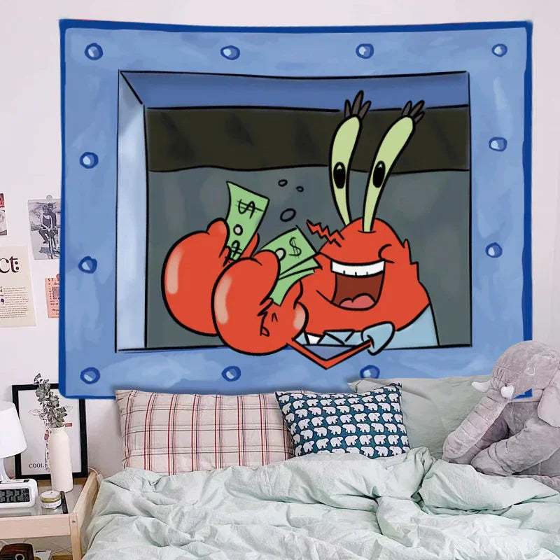 Cartoon crab holding money on a wall tapestry in a bedroom setting.