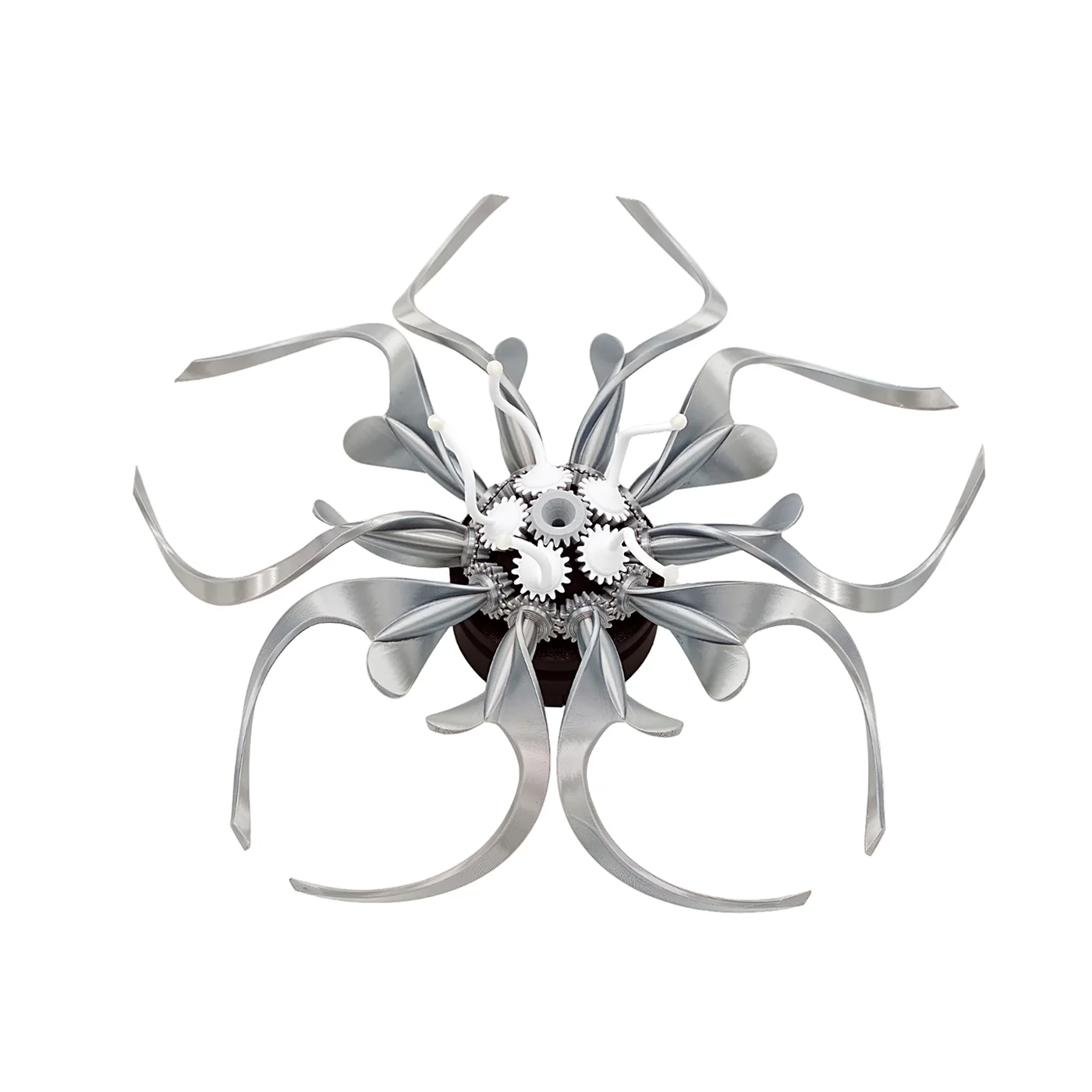 Puzzloria metal flower sculpture with mechanical gears and curved steel petals for steampunk desk decor
