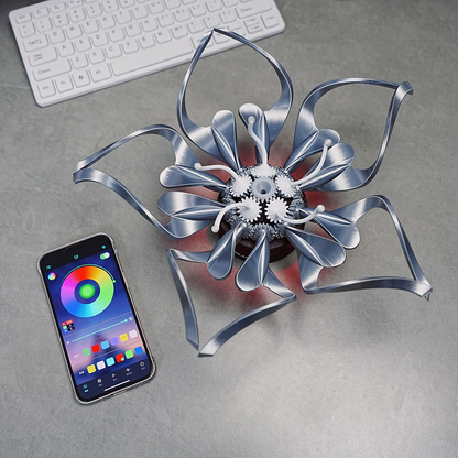 Puzzloria metal flower sculpture with mechanical gears and curved steel petals for steampunk desk decor