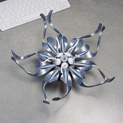 Puzzloria metal flower sculpture with mechanical gears and curved steel petals for steampunk desk decor