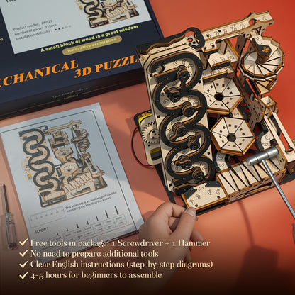Motorized Marble Machine 3D Wooden Puzzle Celestial Ladder - STEM Building Kit with Mechanical Gear System Black