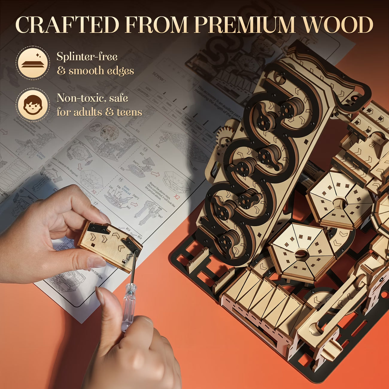 Motorized Marble Machine 3D Wooden Puzzle Celestial Ladder - STEM Building Kit with Mechanical Gear System Black